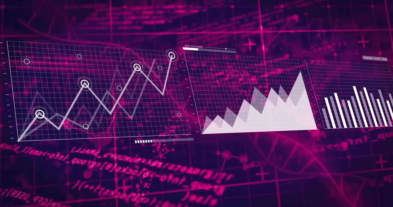 Neon-themed dashboard displaying three overlaid data charts with scrolling code and network lines