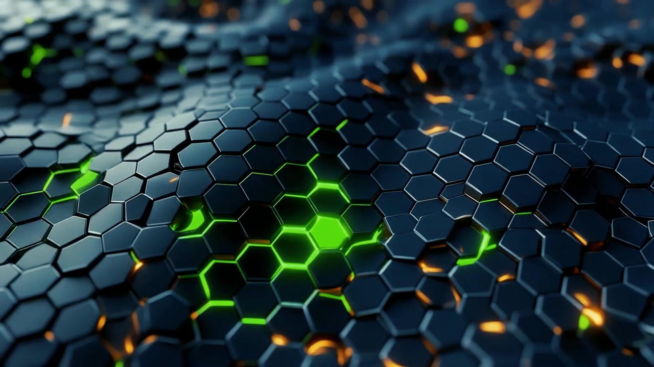Абстрактная 3D гексагональная поверхность со светящимися зелеными и оранжевыми огнями.
