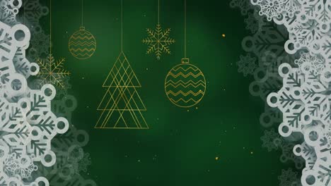 Animation-of-christmas-tree-decorations-over-snow-falling-on-green-background