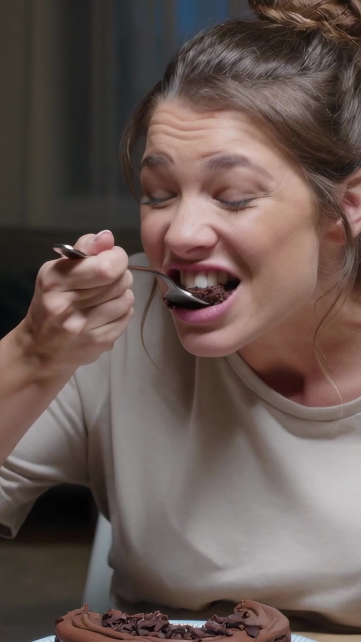 Vertical video: Woman in beige tee seeing chocolate cake scooping spoon and fork, chewing at home