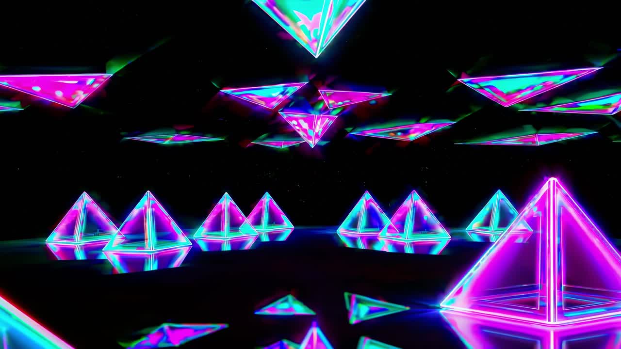 Neon pyramids changing color are floating on a reflective surface with smaller pyramids and triangles floating above, isolated on a black background