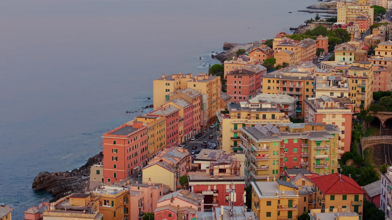 Aerial View of Colorful Italian Seaside Architecture at Sunset, Genoa, Italy