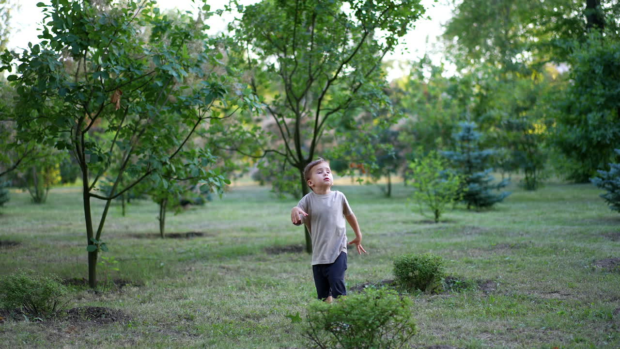 Little kid runs by the green grass to pick his ball. Toddler throws the ball up, picks and throws it again. Child walking in the park in summer.