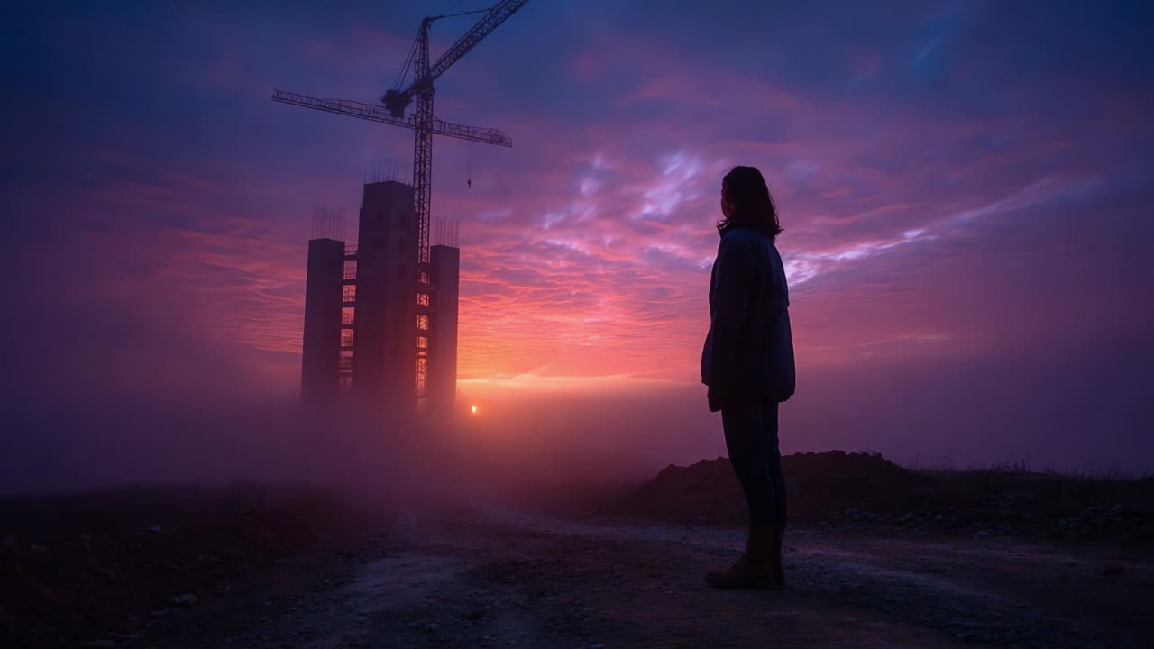 A solitary figure stands against the backdrop of a construction site at dawn, enveloped in mist while the sun rises, casting vibrant hues of orange, pink, and purple across the sky, symbolizing new beginnings