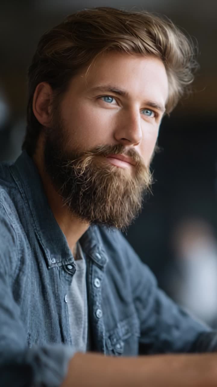 Un ritratto intenso di un giovane uomo con una barba folta, che mostra espressioni di contemplazione e serenità in una luce soffusa