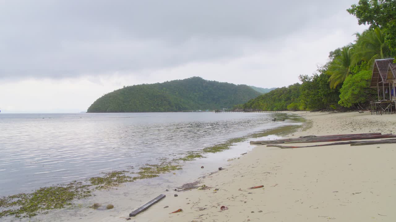 Tropical beach with huts and lush vegetation