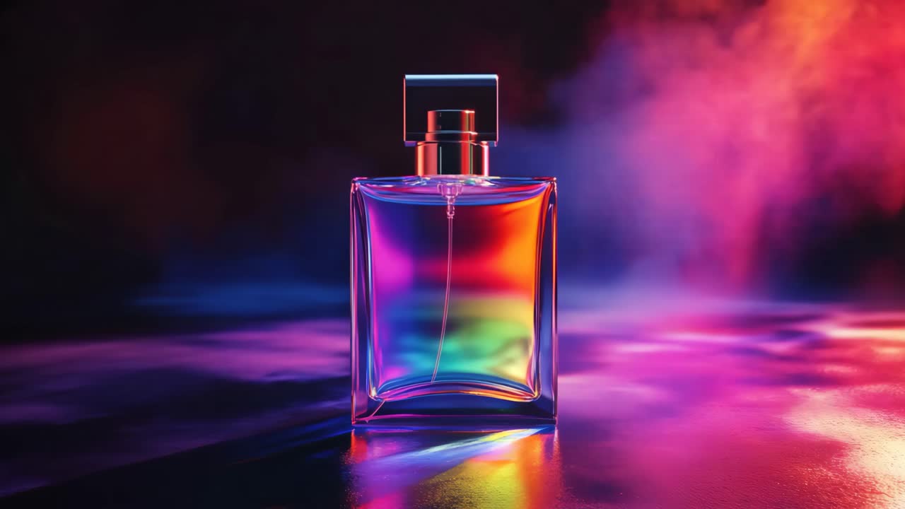 Elegante bottiglia di profumo illuminata da luci al neon