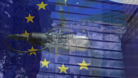 Animation-of-flag-of-european-union-over-office-block-and-microphone