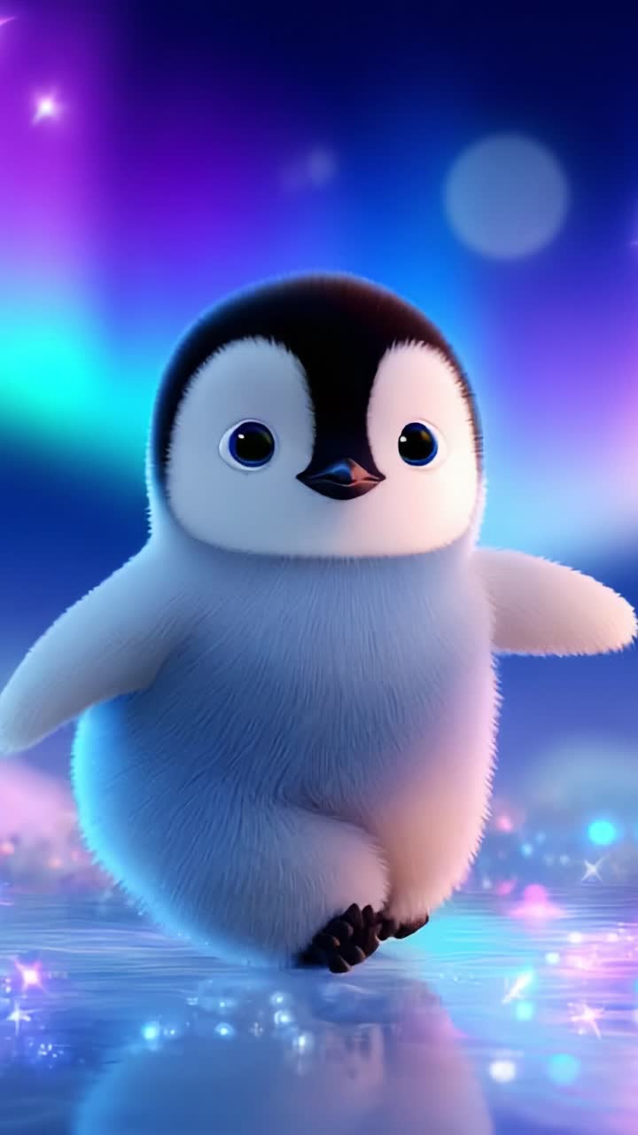 A Charming Animated Penguin Character Gliding Across a Sparkling Ice Surface Under Colorful Lights, Perfectly Capturing the Joy and Playfulness of Winter Wonderland Adventures