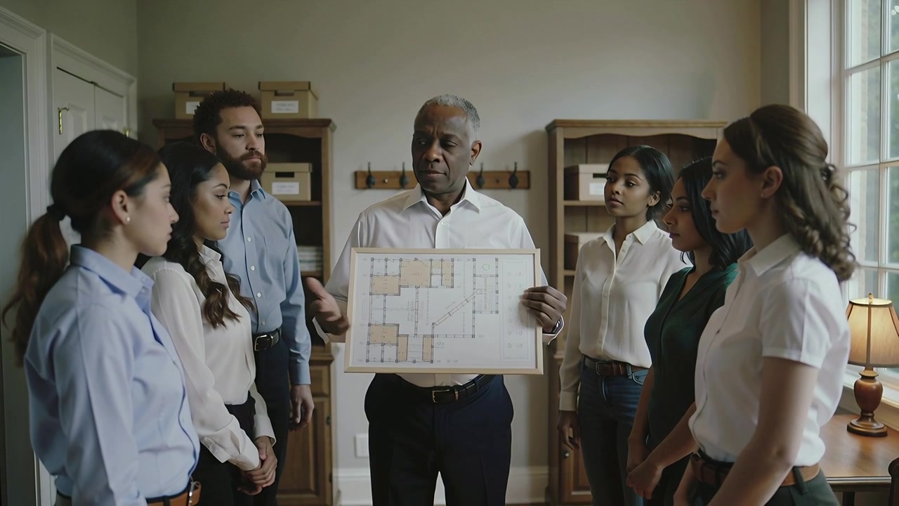 Raising framed floor plan, senior man in white shirt briefing team about layout at meeting room