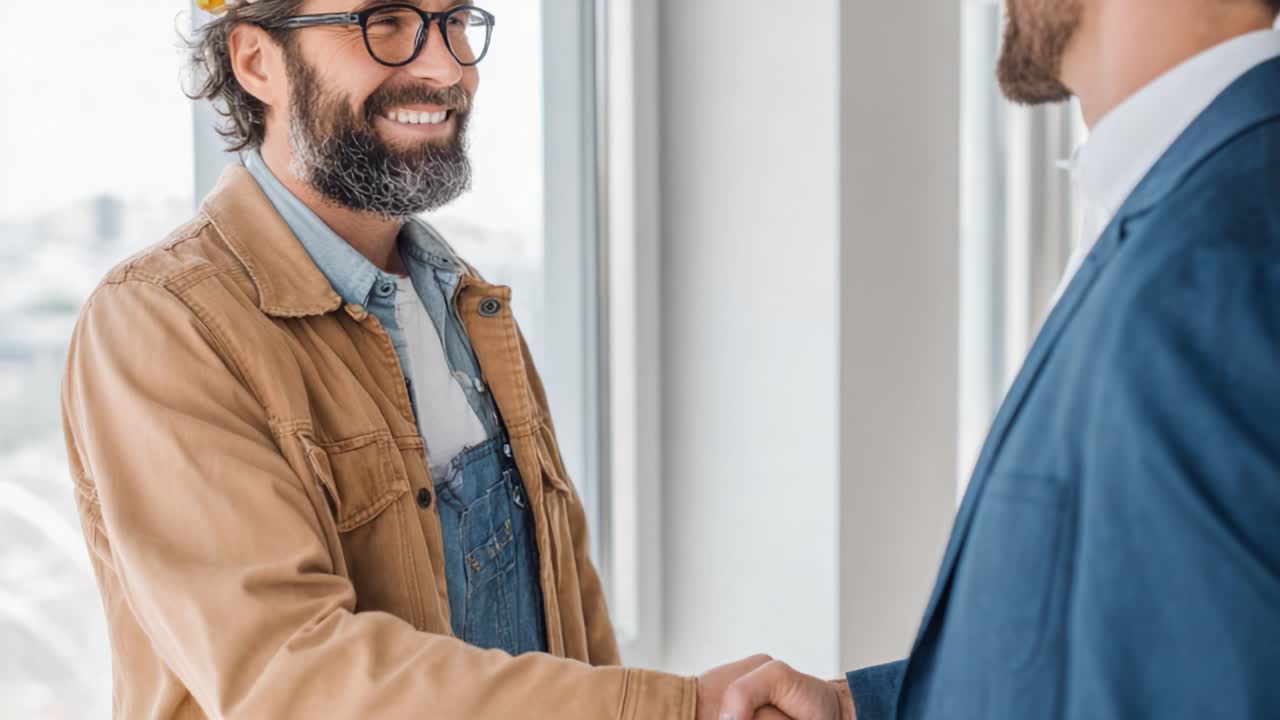 Un incontro d'affari professionale con un operaio edile in equipaggiamento protettivo che stringe la mano a un uomo d'affari, a simboleggiare collaborazione e partnership in un moderno ambiente d'ufficio.