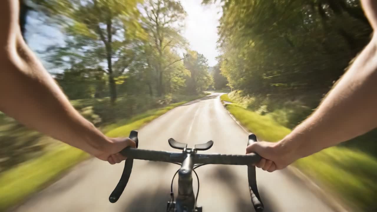 A Scenic Ride Through Lush Greenery: A Cyclist's Perspective on a Sunlit Path, Embracing the Elements During an Energizing Journey on Two Wheels