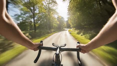 a scenic ride through lush greenery: a cyclist's perspective on a sunlit path, embracing the elements during an energizing journey on two wheels
