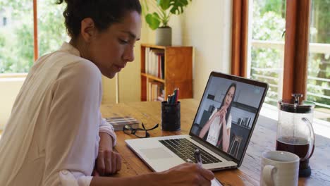 African-american-woman-taking-notes-while-having-video-call-with-female-colleague-on-laptop-at-home