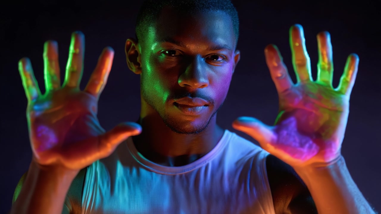 Un ritratto suggestivo di un uomo illuminato da luci colorate, che mette in mostra le sue mani espressive come fulcro dell'esplorazione artistica e della creatività vibrante.