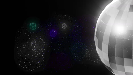 animación de bola de discoteca sobre formas y fuegos artificiales en fondo negro