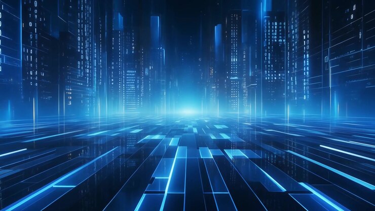 Paesaggio urbano digitale futuristico con flussi di dati luminosi e codice binario