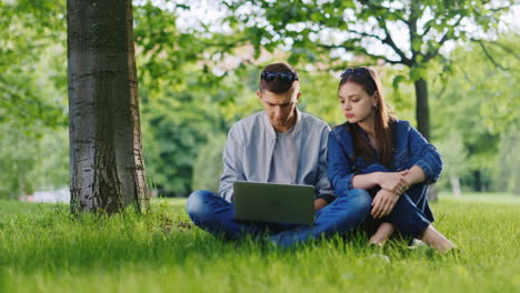 Joven-Pareja-Linda-Disfrutando-De-Una-Computadora-Portátil-Sentado-En-El-Césped-En-El-Parque-Debajo-De-Un-árbol-Video-Hd