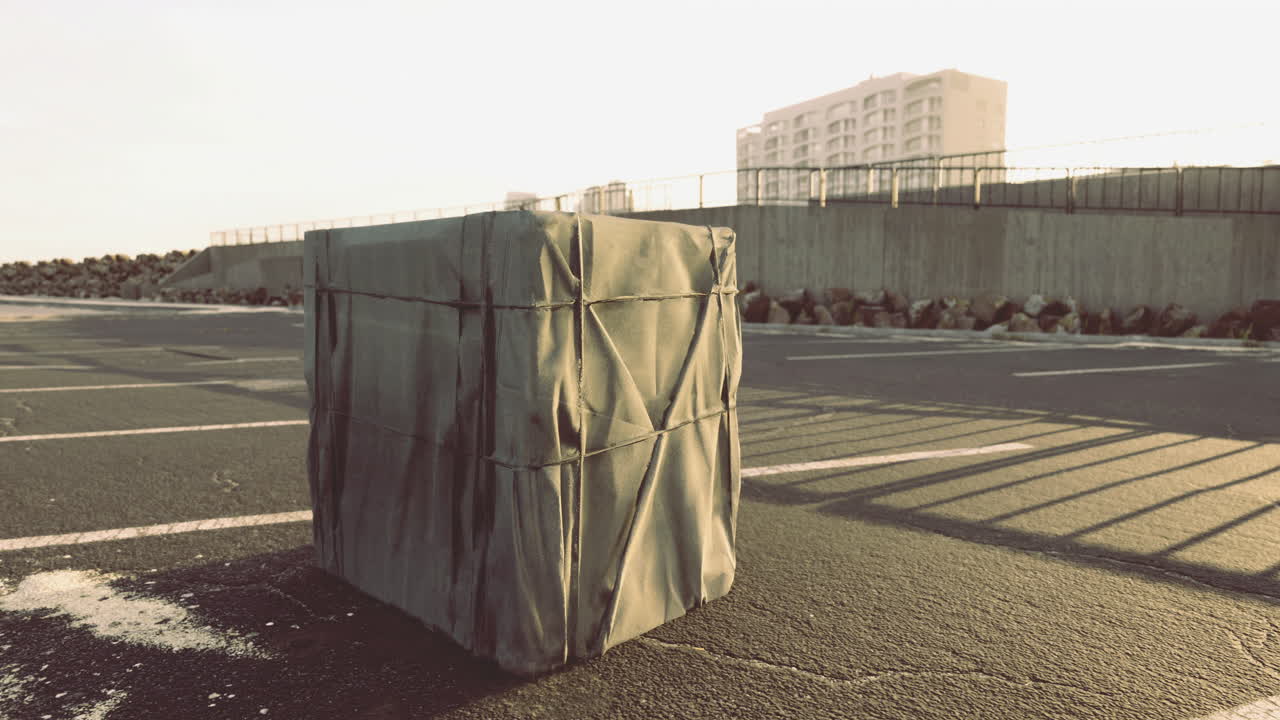 Mysterious wrapped object in parking lot against sunlit city skyline