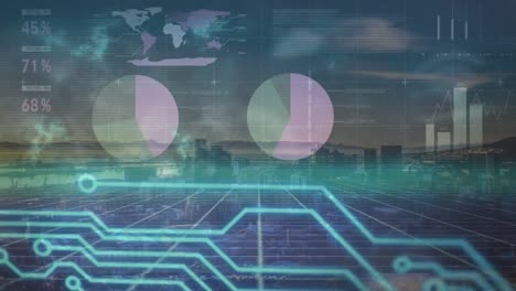 Animation-of-statistical-data-processing-and-microprocessor-connections-on-aerial-view-of-cityscape