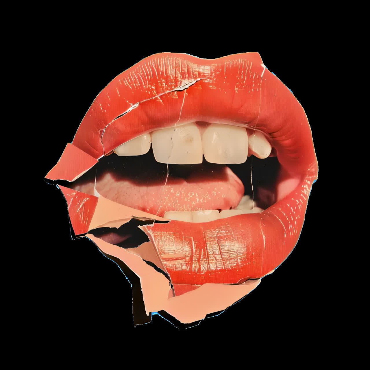Surreal torn lips collage art animation isolated asset, transparent 4K video, alpha channel, ProRes