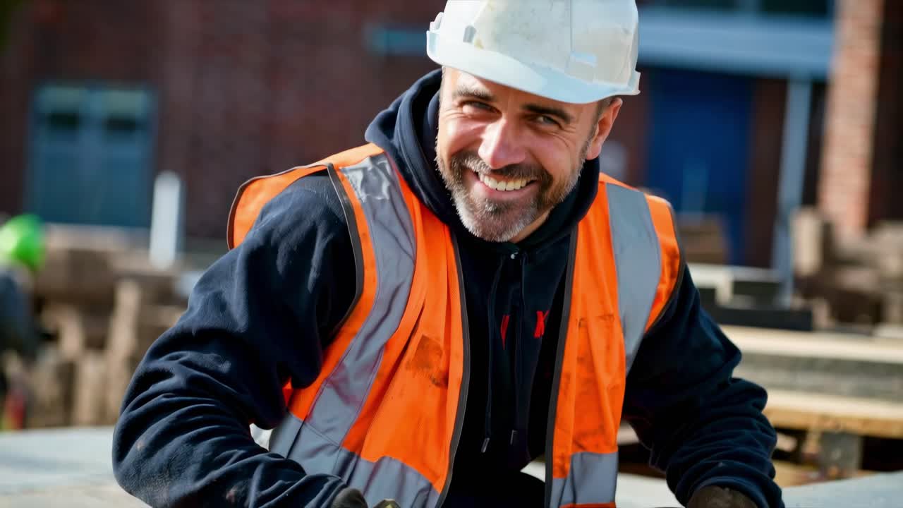 Low-angle video still of a construction worker in a reflective vest and gloves, sitting on stacked