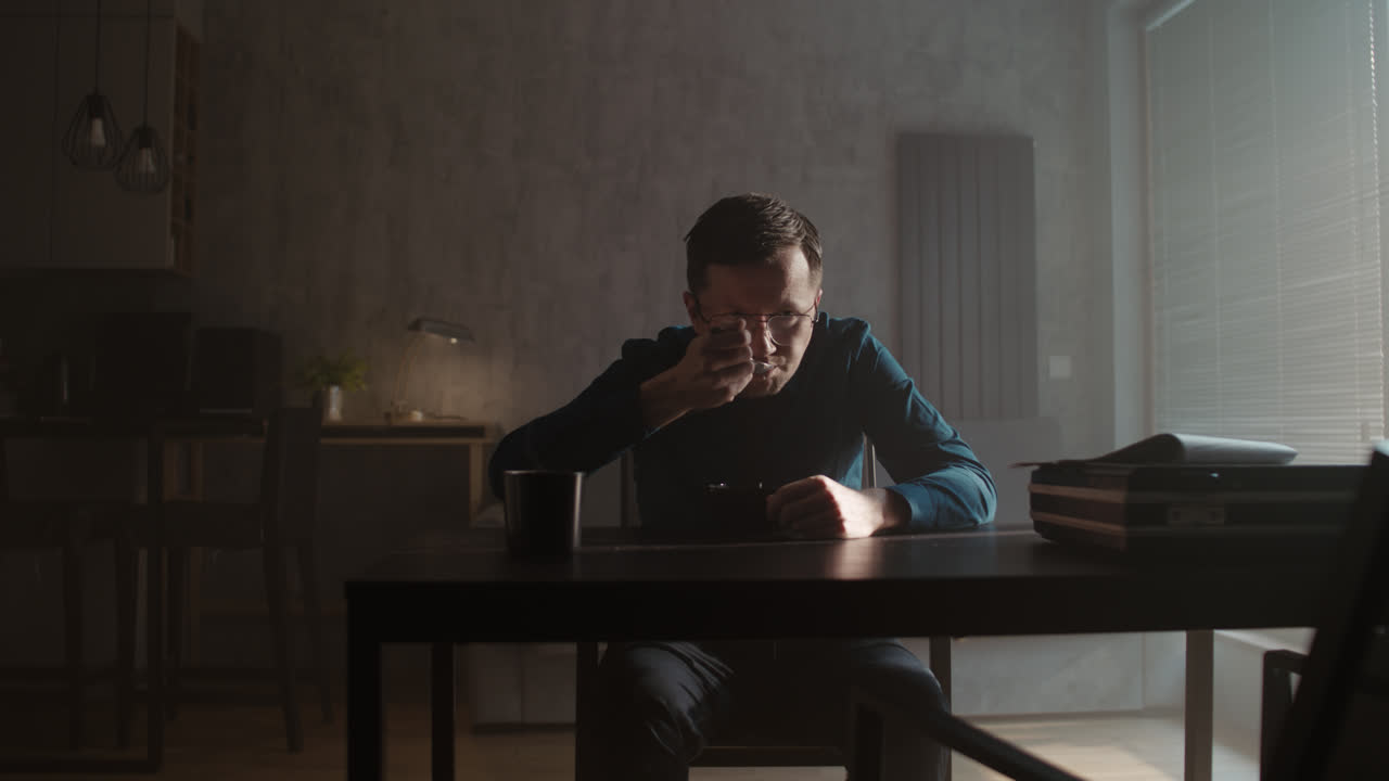 Un uomo triste in camicia fa colazione lentamente