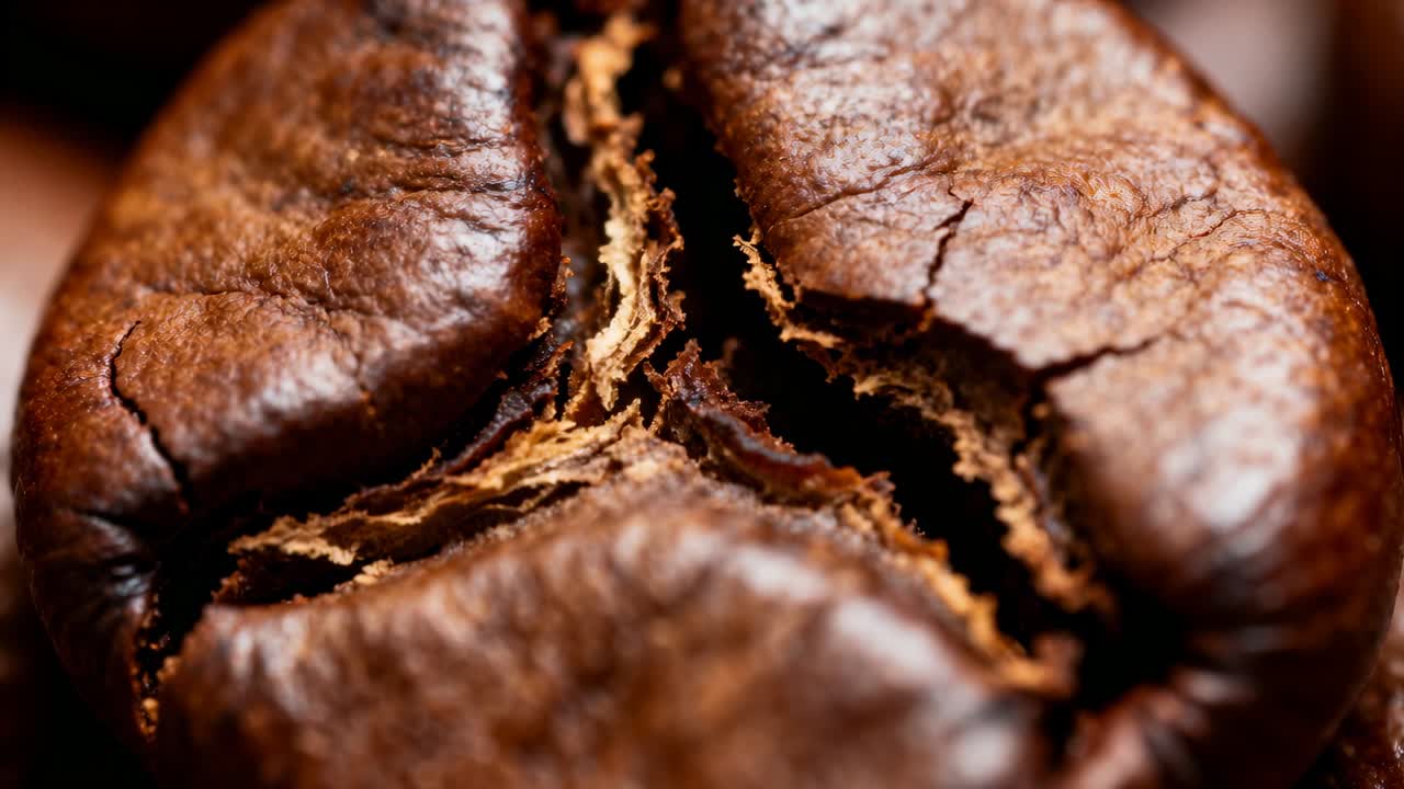 Video verticale: Fotocamera che sposta la messa a fuoco mostrando la crepa di un chicco di caffè tostato in uno scatto macro per la texture.