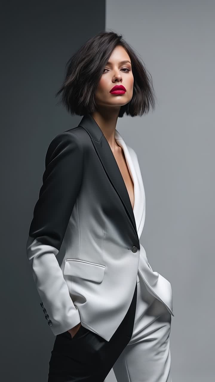 Donna elegante in completo bicolore bianco e nero che posa in studio con illuminazione ad alto contrasto