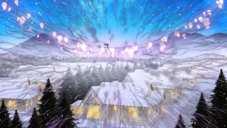 animation of fireworks and snowflakes falling over houses and christmas lights in winter landscape