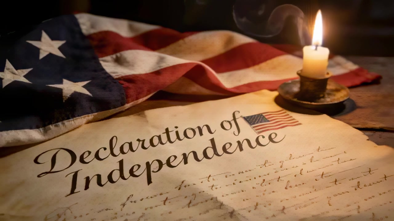 Flickering candle highlighting Declaration parchment at table with US flag behind, smoke rising