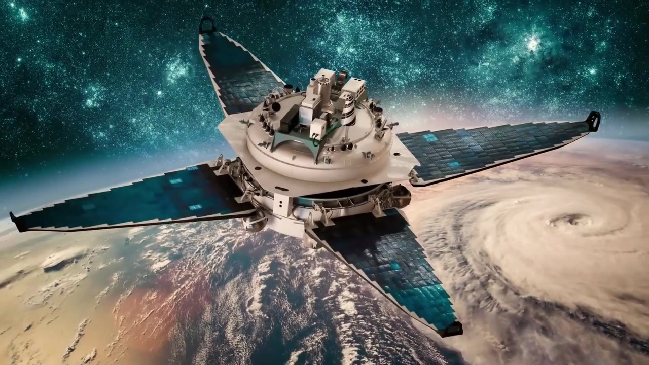 Animazione di un satellite meteorologico che monitora un enorme uragano dallo spazio. Sonda scientifica orbitale che traccia un ciclone di tempesta tropicale sulla superficie del pianeta Terra.