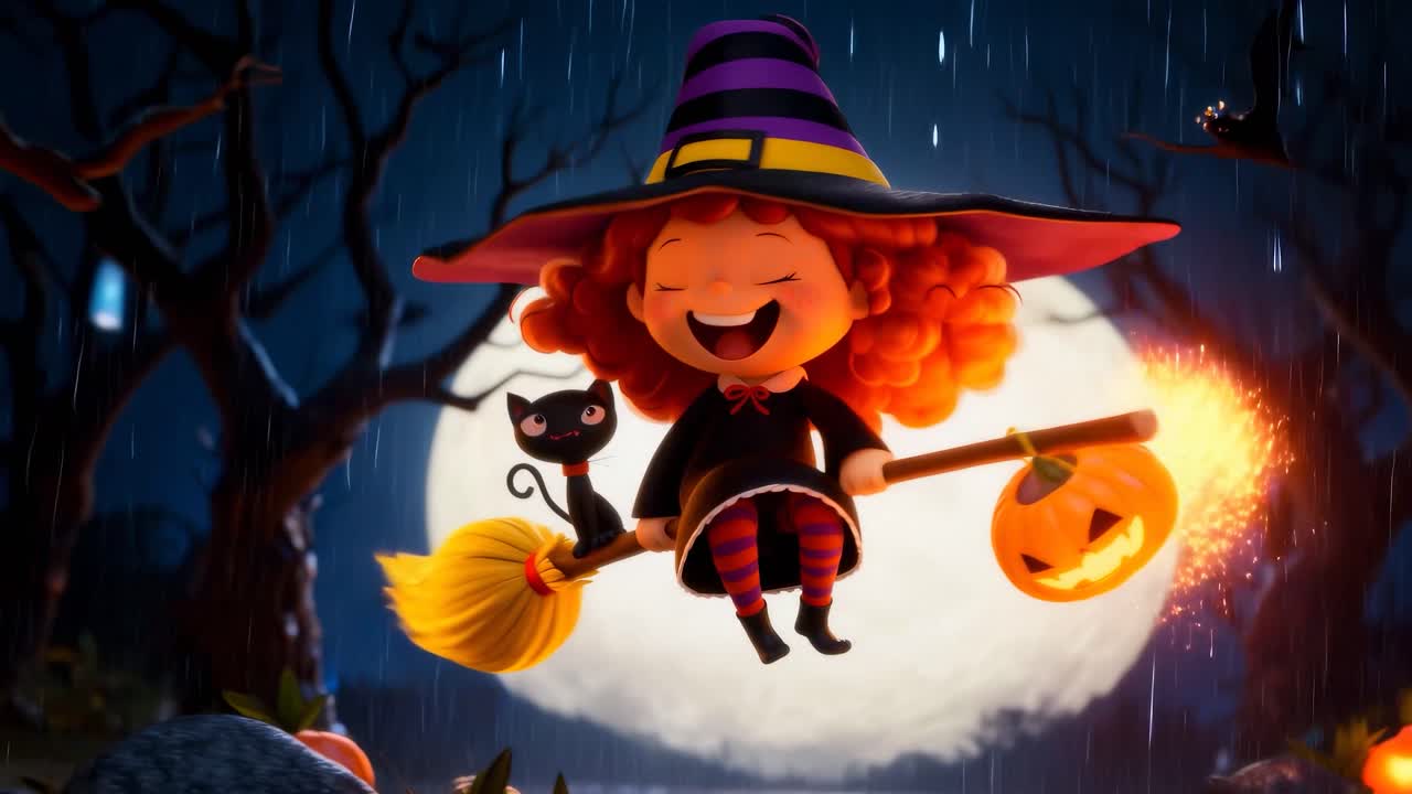 Cartoon Witch on Broom with Black Cat and Pumpkin