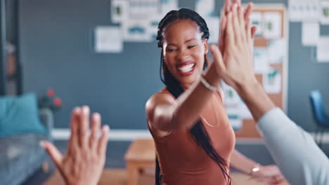 Success,-high-five-and-black-woman-in-meeting