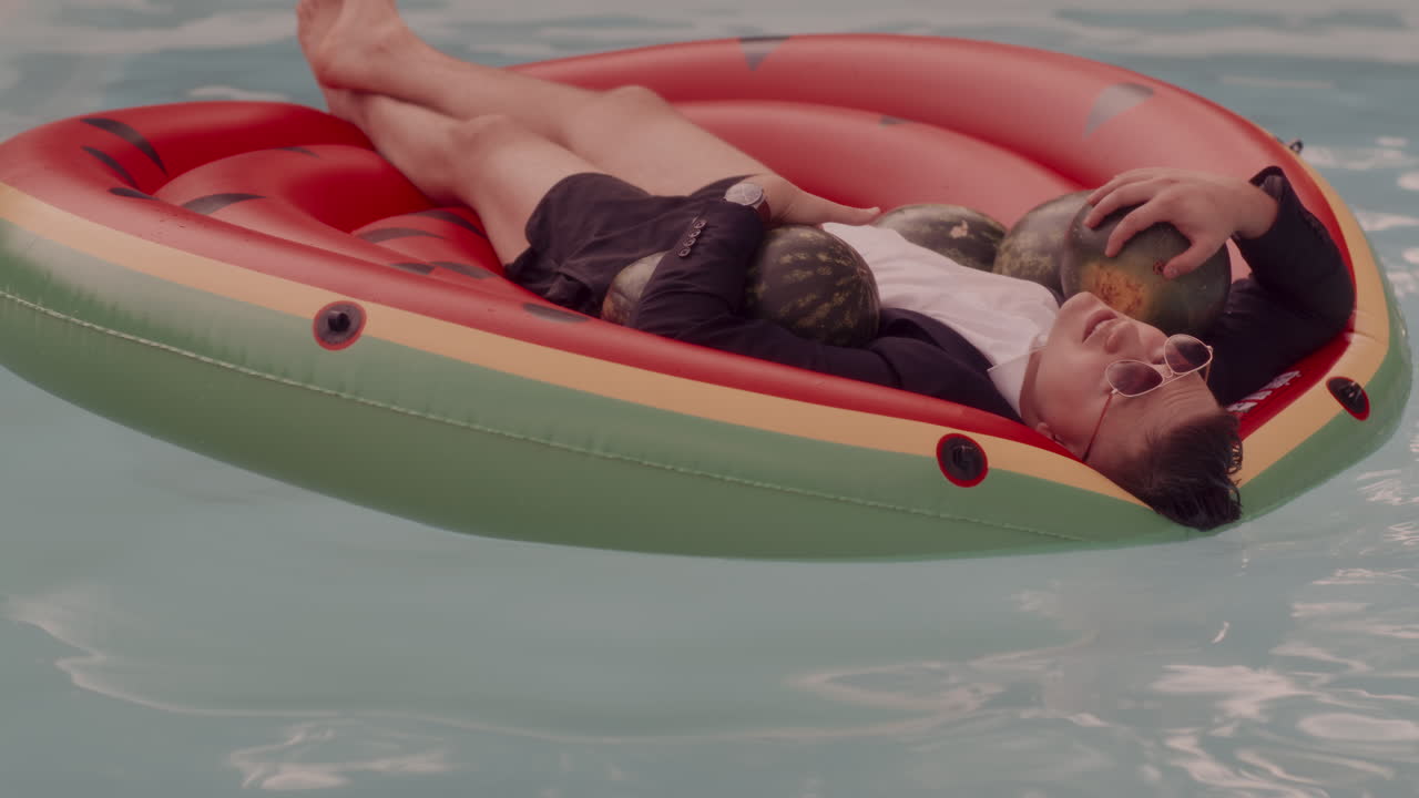 Man relaxing on a watermelon float in a pool