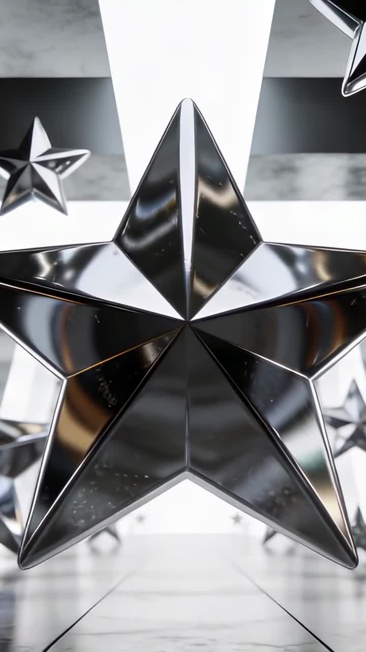 Video verticale: Telecamera in movimento che si avvicina a una stella cromata a 5 punte in una galleria, rivelando riflessi.