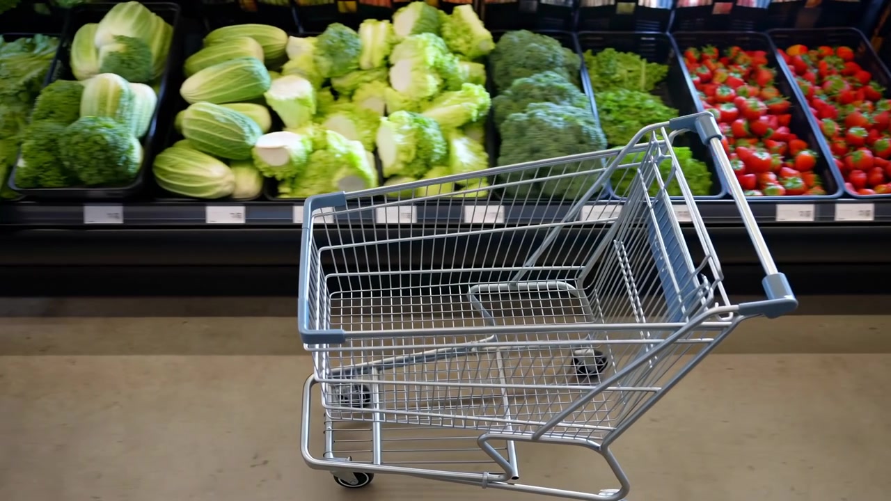 Vista lateral acompanha carrinho de compras de arame vazio passando por expositores de produtos frescos organizados, enquanto frutas coloridas e vegetais folhosos se movem ao fundo sob a iluminação brilhante e uniforme do supermercado.