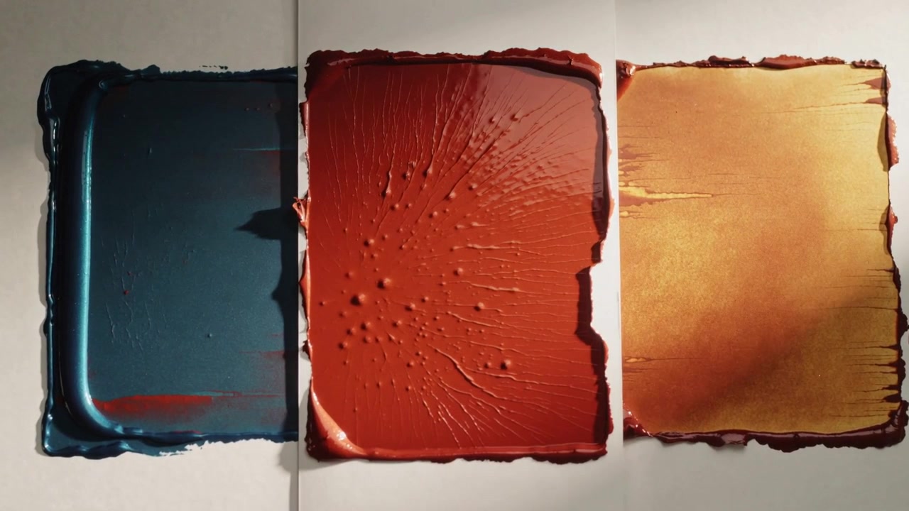 Muestras de pintura secándose (azul verdoso, rojo anaranjado, amarillo dorado) formando burbujas sobre una hoja blanca.