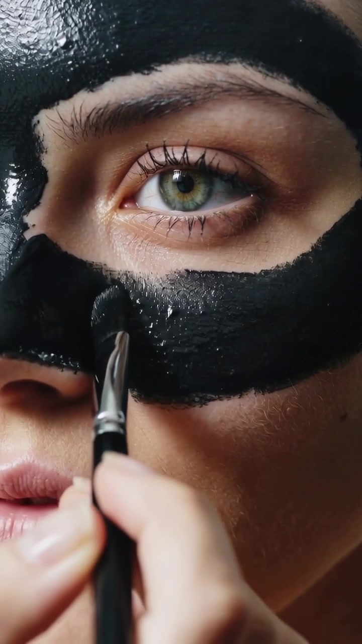 Vídeo vertical: Pincel aparecendo à direita aplicando máscara preta peel-off no rosto em estúdio para cobertura uniforme.