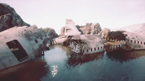 airplane wreckage in a rocky coastal area