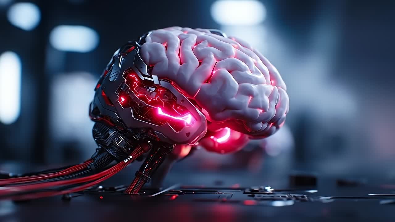 A robot head with a red light inside of it