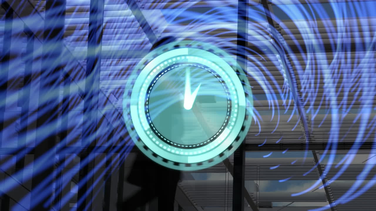 보라색 선 위에 빠르게 움직이는 시계와 걸어가는 사업가들의 애니메이션