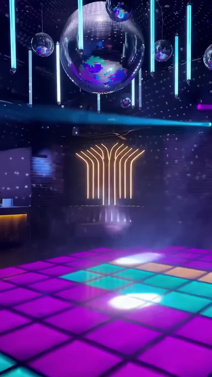 Vibrant nightclub video with a low-angle view of neon lights and a disco ball