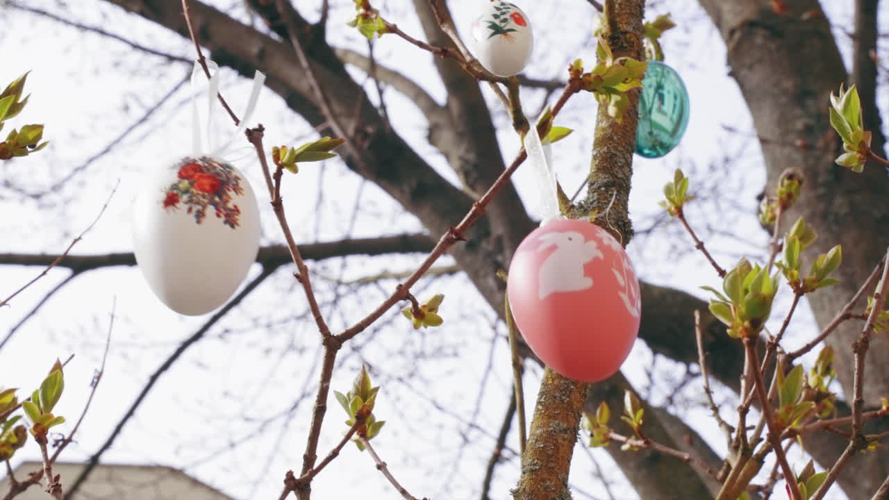 Colorful Easter decorations hanging from a tree, it's early spring, not many leaves on the tree