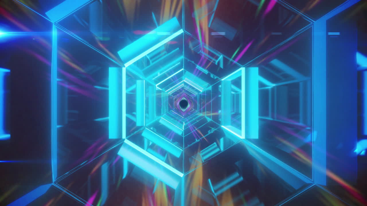 검은 바탕에 육각형 터널과 다채로운 동적 패턴의 애니메이션