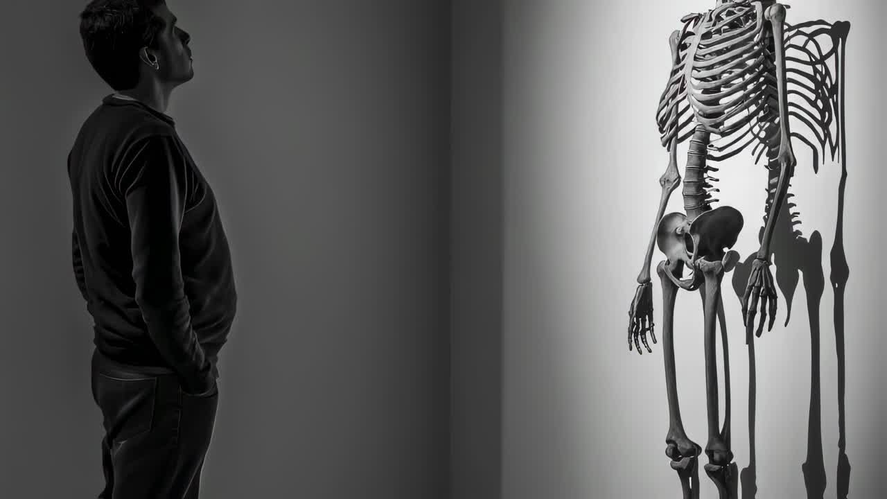 Museum visitor contemplating human skeleton display, casting dramatic shadow while studying anatomical details in monochrome gallery setting