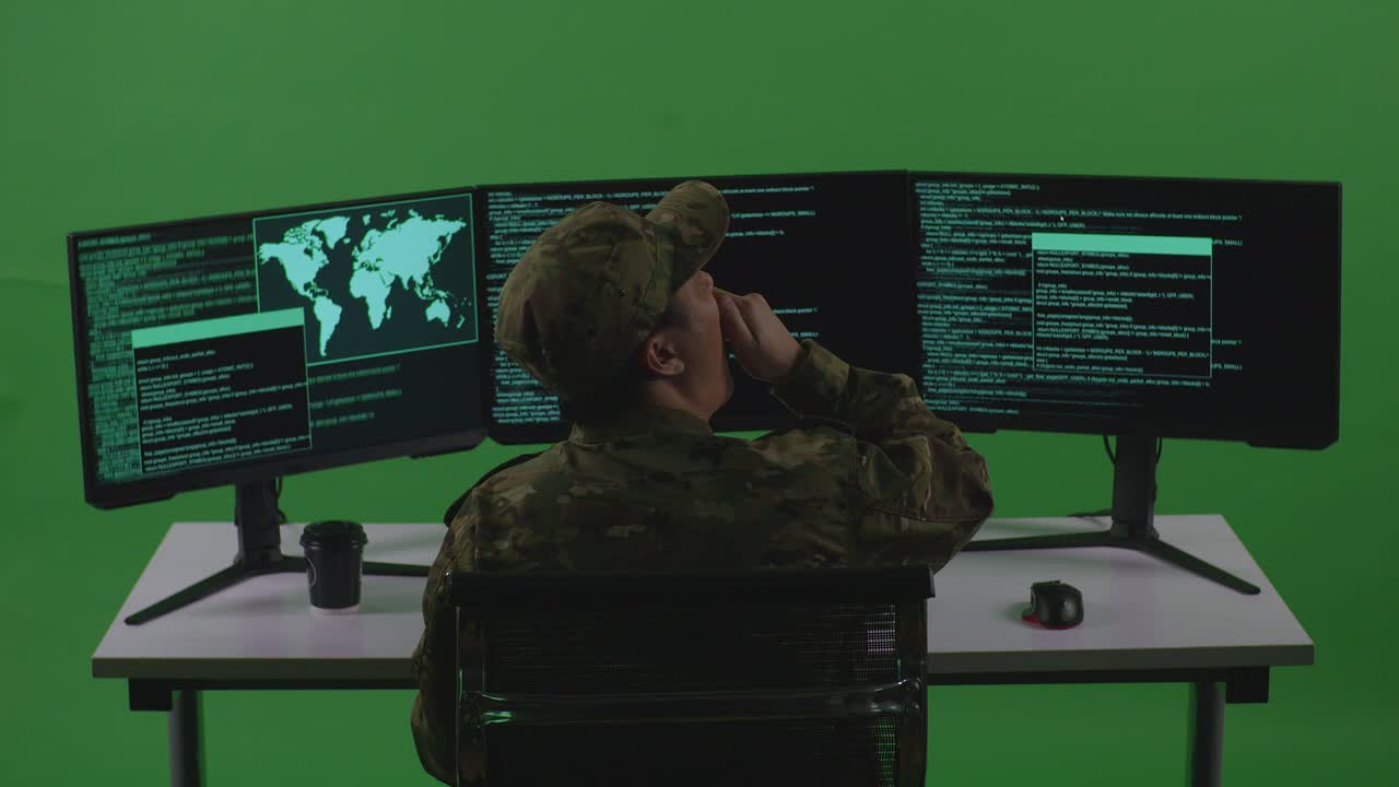Back View Of Tired Asian Man Soldier Developer Yawning While Write Code With Multiple Computer Screens In Green Screen Studio