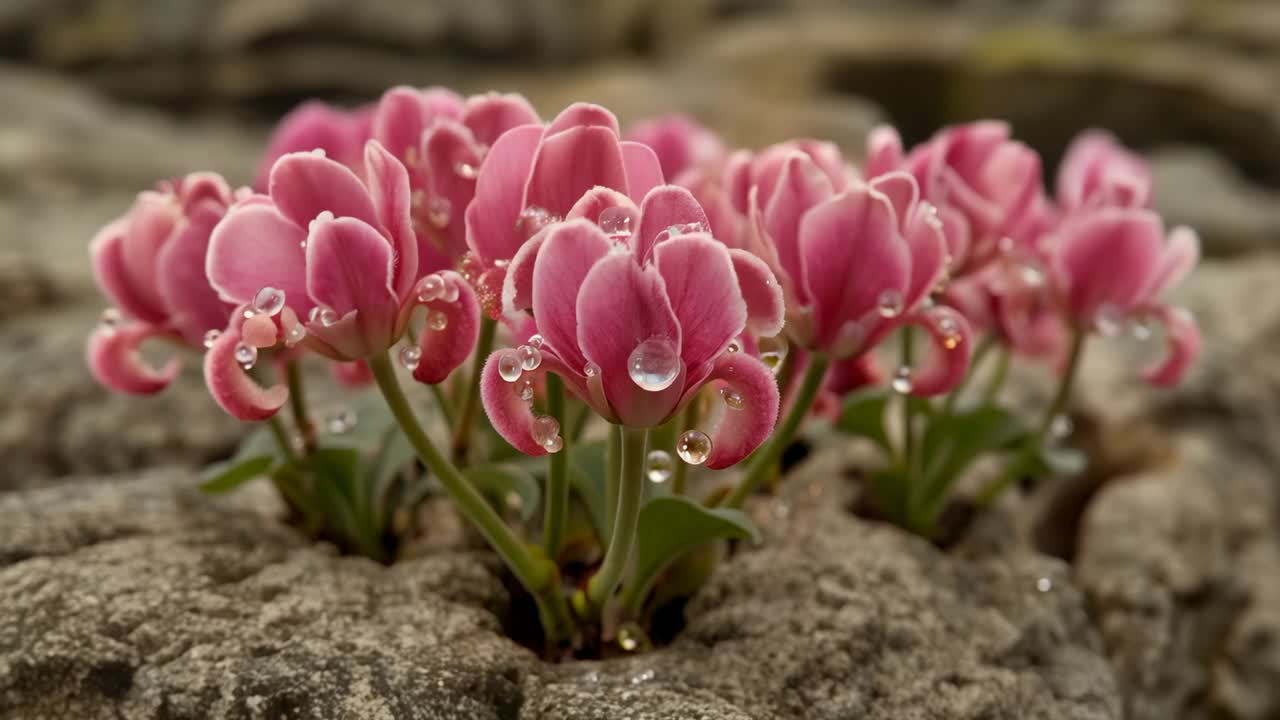 Bevegelig kamera som lukker seg på rosa, koppformede blomster i fjellsprekker, og viser dråper som forlenges