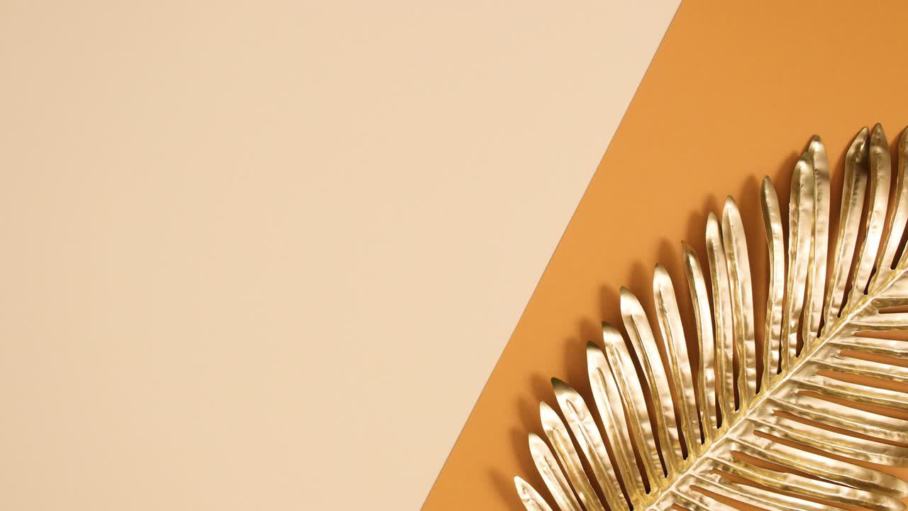 황금색 이국적인  잎은 오렌지색 벌거벗은 배경에 나타납니다. 최소한의 평평한 은 열대 개념. 스 모션