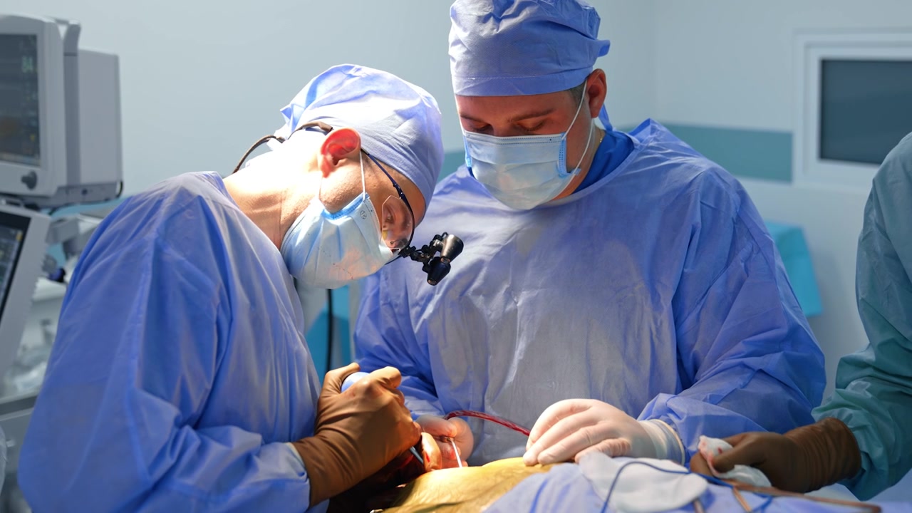 Il chirurgo applica uno strumento chirurgico con grande sforzo. Intervento neurochirurgico in un ospedale moderno